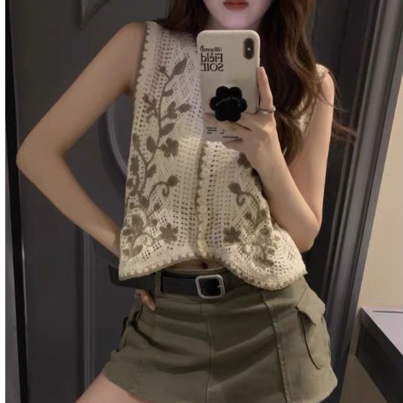 Áo Vest Dệt Kim Thêu Cổ Điển 198526 Áo Khoác Len Không Tay Cổ Chữ v Phong Cách Hàn Quốc