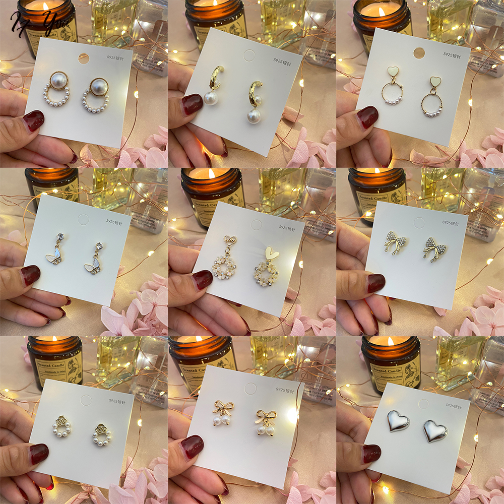 Bông tai AY dáng dài hình hoa/ nơ đính ngọc trai giả thời trang