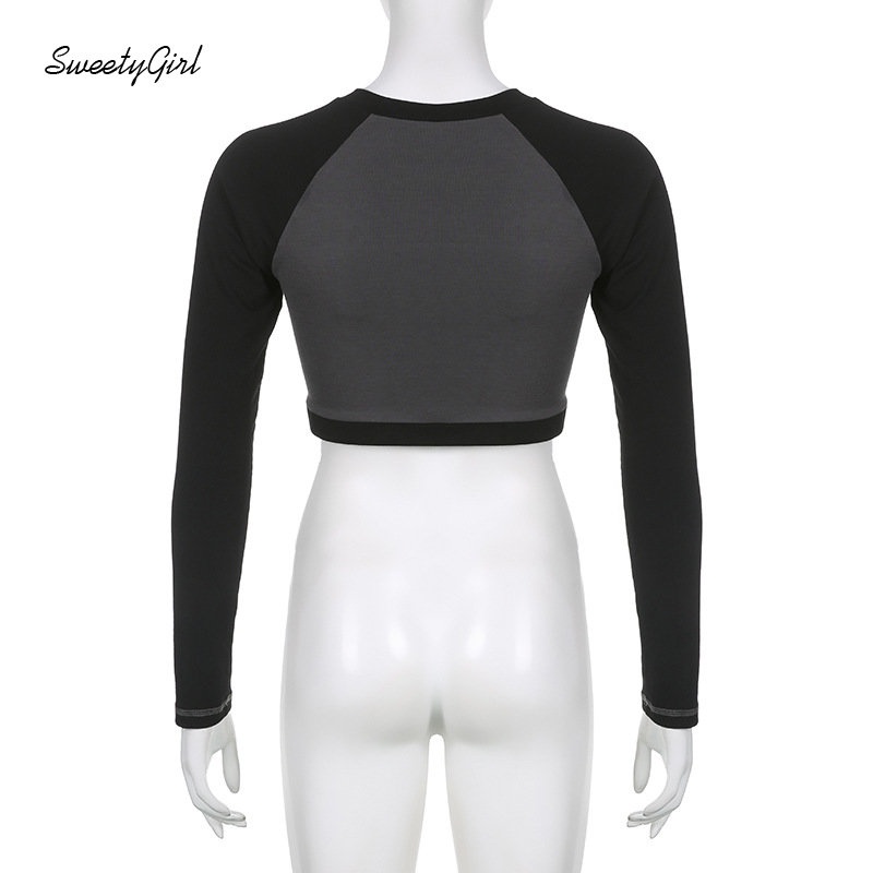 Áo Thun Tay Dài Cổ Tròn In Chữ Phối Màu Tương Phản Thời Trang 2022 Quyến Rũ Cho Nữ