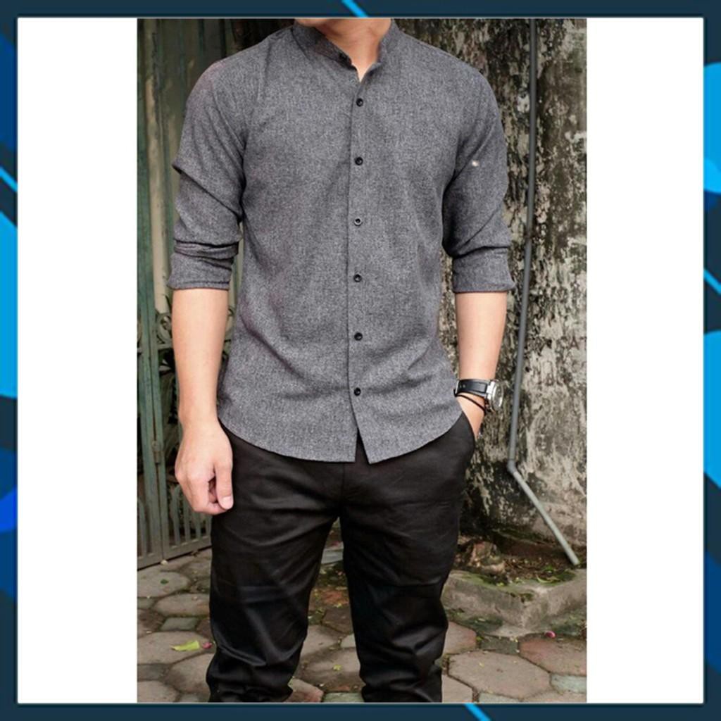 Áo sơ mi cổ tàu nam màu xám chất cotton form ôm nhẹ cho nhiều lứa tuổi GIÁ TỐT HÀNG ĐẸP