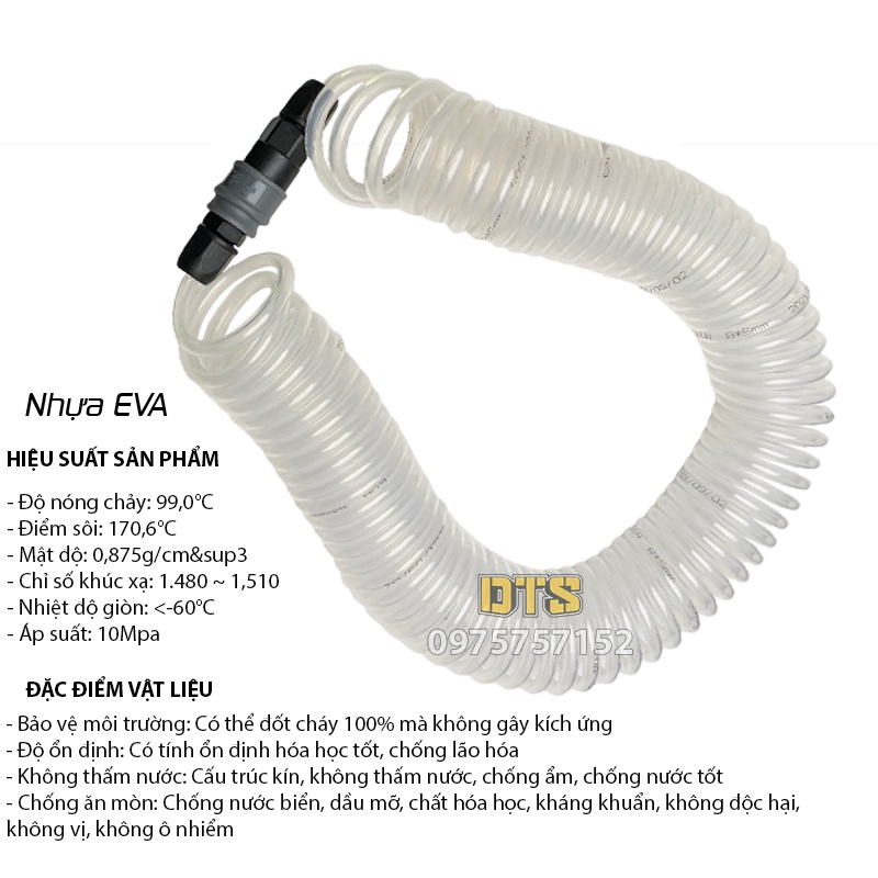 Ống dây hơi xoắn khí nén nối nhanh tự động nhựa EVA Đài Loan 5x8mm, dây khí nén phi 8 áp lực cao, dây nén khí cao cấp