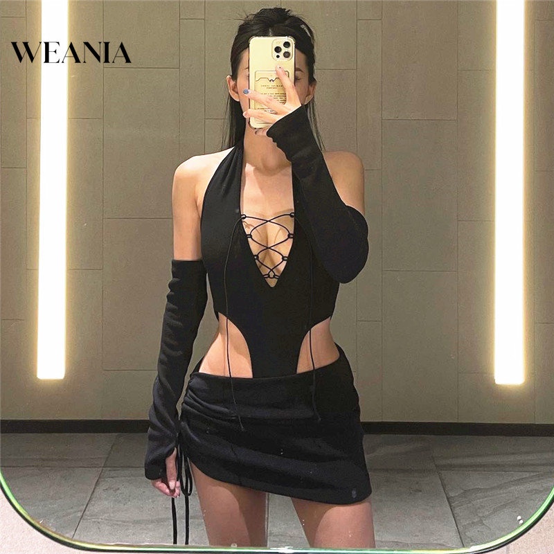 Bộ 3 Món Áo Liền Quần Hở Lưng Kèm Găng Tay Và Chân Váy Dây Rút Gợi Cảm Cho Nữ