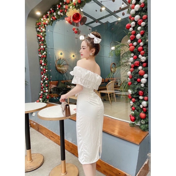 Đầm trắng trễ vai phối bèo điệu đà kèm đai thắt nơ siêu xinh | BigBuy360 - bigbuy360.vn