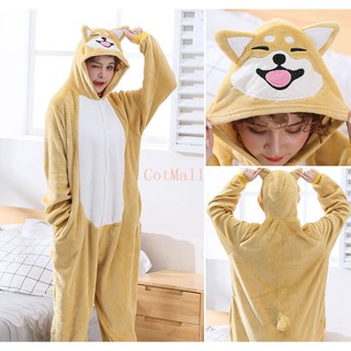 Bộ đồ ngủ liền thân bằng vải flannel hình cún shiba đáng yêu