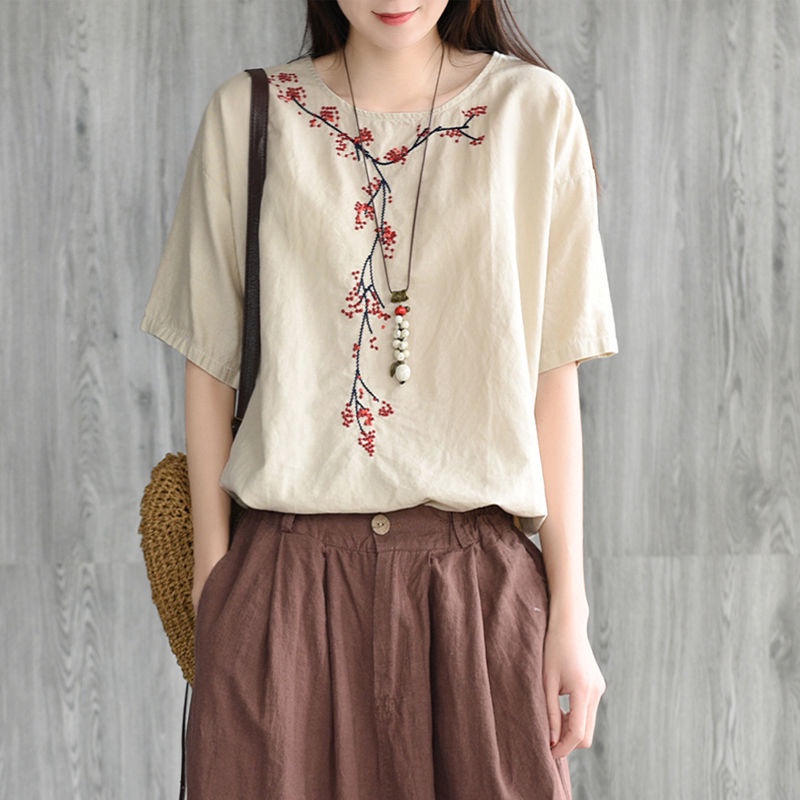 Áo thun ngắn tay vải cotton thêu họa tiết thổ cẩm kiểu retro dễ thương cho nữ