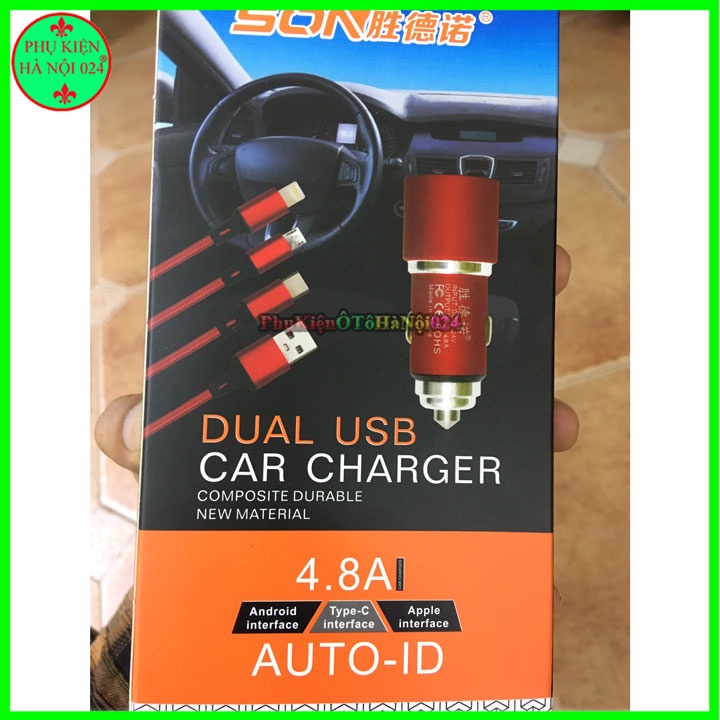 Bộ Tẩu Sạc Auto 2 Cổng USB Kèm Dây 3 Đầu Sạc Cho Ô Tô 5V-4.8A