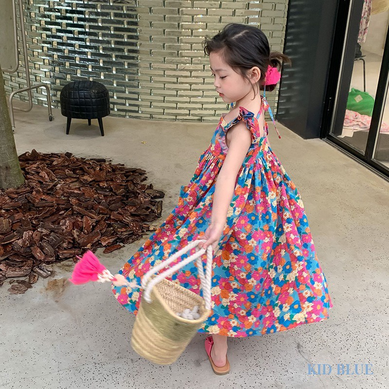 Đầm Dài Cổ Vuông Tay Cánh Tiên In Họa Tiết Hoa Thời Trang Hàn Quốc Cho Bé Gái