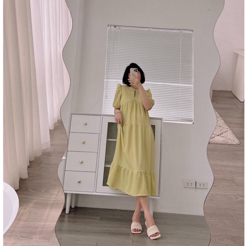 Váy suông nữ cổ V vải chun xốp co giãn 4 chiều, Đầm maxi tay lỡ nhiều tầng bầu bí mặc thoải mái