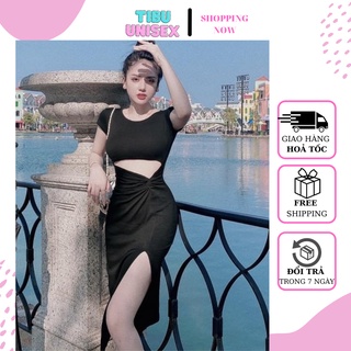 Váy body khoét eo xẻ tà tibu, đầm ôm sexy nữ dáng bó xoắn eo hottrend 2022