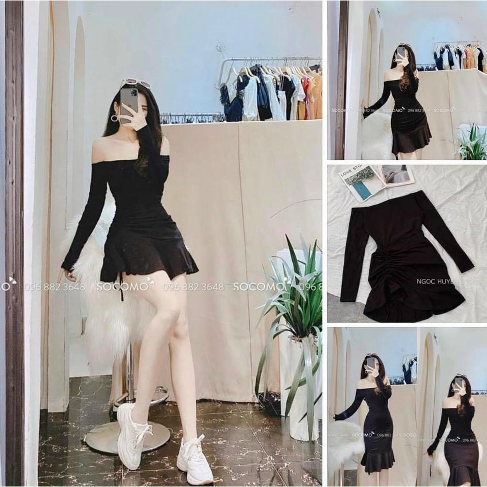 Đầm Body Trễ Vai Tay Dài Rút Eo Đuôi Cá Thun Gân Thích Hợp Mặc Đi Làm Đi Chơi Phù Hợp Với Mọi Phong Cách