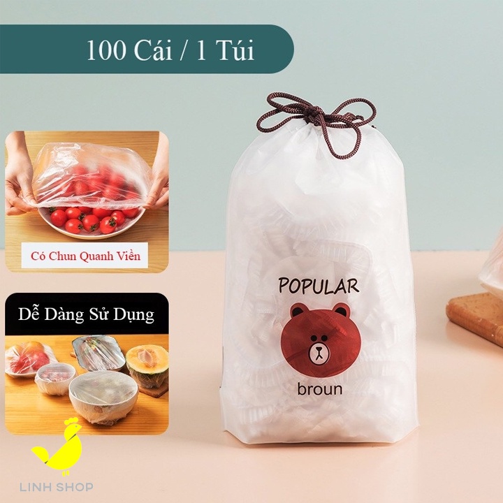 Set 100 màng bọc thực phẩm túi gấu, màng bọc thực phẩm PE có chun bọc đồ ăn co giãn tái sử dụng nhiều lần