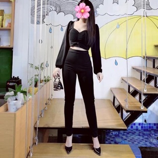 Set áo nhúng ngực, phối quần ôm. Hình thật