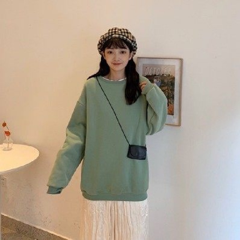 Áo Sweater Tay Dài Màu Trơn Phong Cách Hàn Quốc
