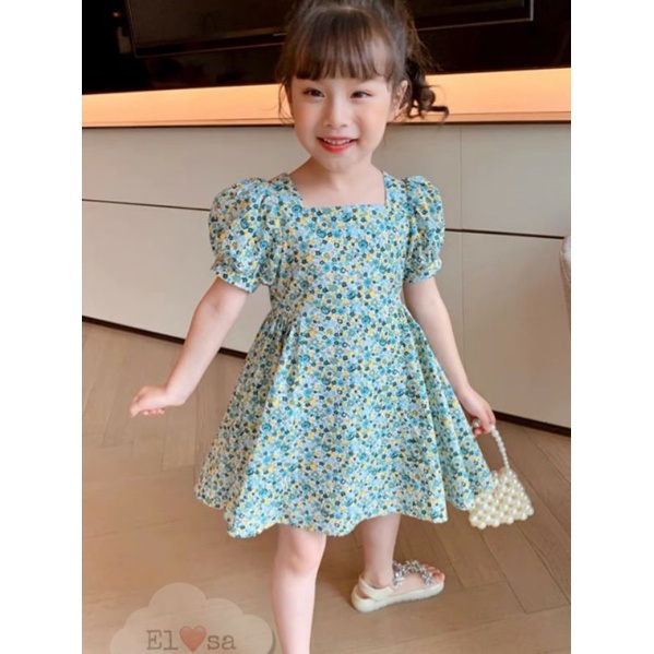 váy bé gái- váy họa tiết hoa nhí xanh siêu xinh cho bé 1-5t