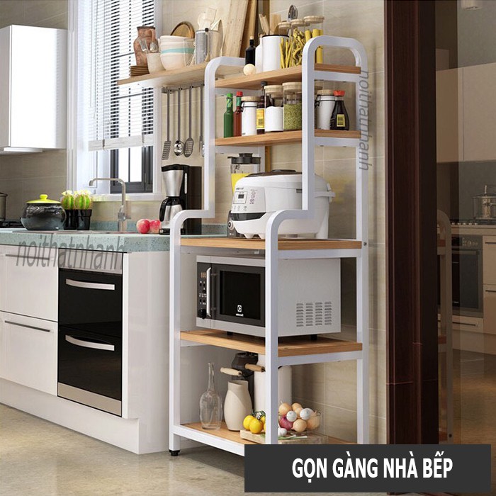 Kệ bếp 5 tầng uốn cong KB02 , thiết kế khung sắt mặt gỗ chắc chắn, chân kệ có thể nâng hạ theo mặt bằng nền bếp