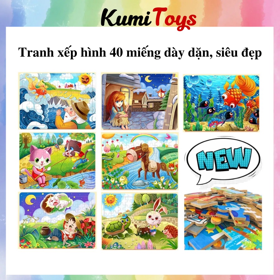 Tranh xếp hình 40 miếng nhiều mẫu mới khung bằng gỗ cho bé thông minh Kumi toys