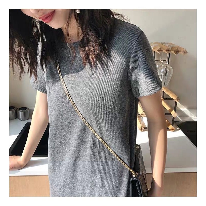 Short Sleeve Dress Skirt Korean Version 2021 Spring Large Size Thread Cotton Solid Long Loose T-Shirt Skirt