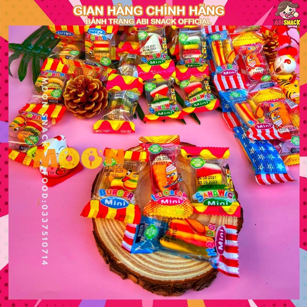 1 dây gồm 10 gói Kẹo Dẻo Mini hình Hamburger/Que Kem/Hotdog/ Sandwich thương hiệu Risen 100g-ăn vặt tuổi thơ