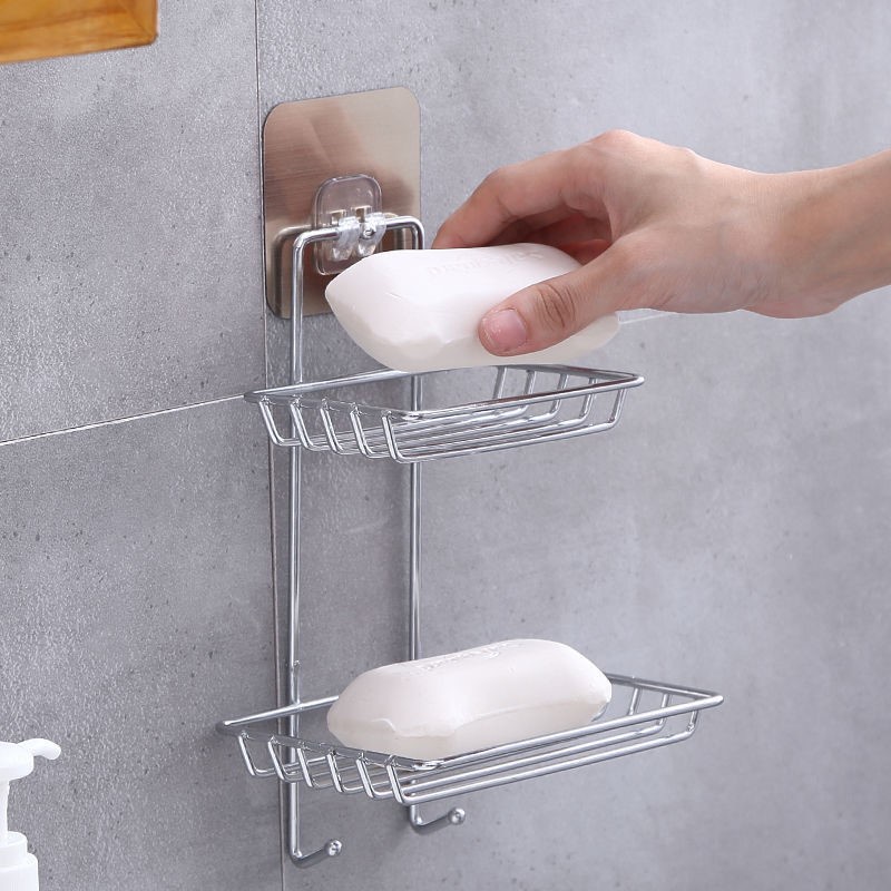 Kệ đựng xà phòng 2 tầng inox dán tường kèm móc treo tiện lợi