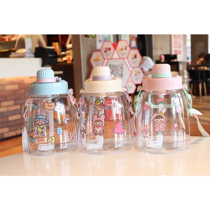 Bình Nước 1l❤️FREESHIP❤️Ly nước cute Dung Tích 1lít/1000ml Kèm Dây Đeo Và Sticker Đáng Yêu