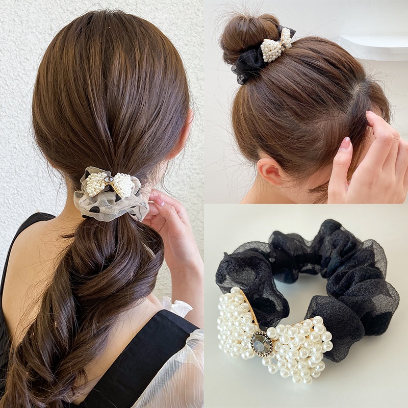 Dây Cột Tóc Nơ Họa Tiết Chấm Bi Đen Đính Ngọc Trai Phong Cách Hàn Quốc