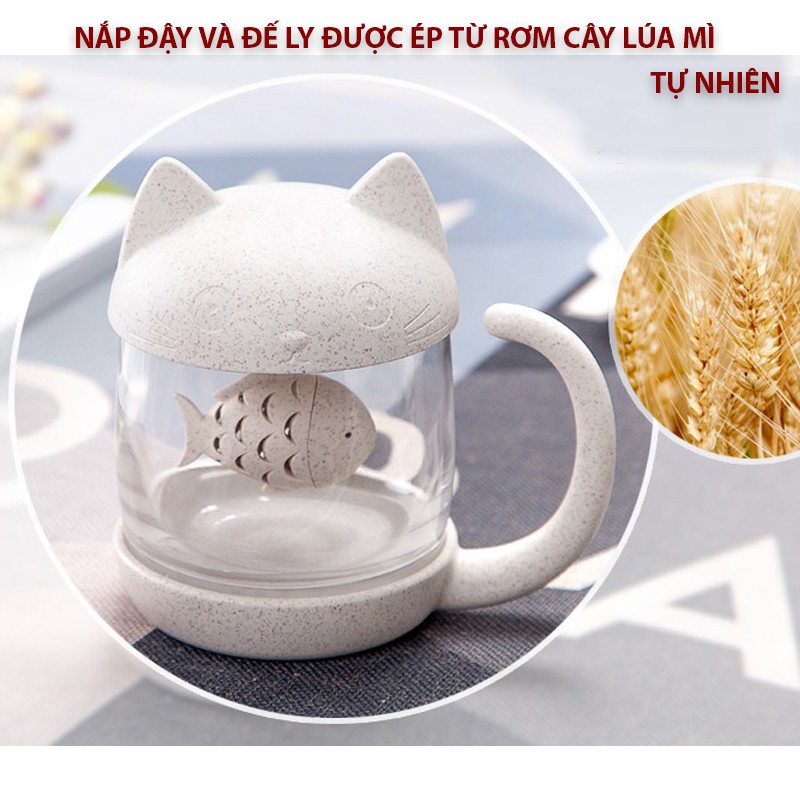 Ly thủy tinh pha trà có nắp hình mèo, Dễ Thương - Thích Hợp Nhân Viên Văn Phòng - Ly Uống Trà - Tách Pha Trà lúa mạch