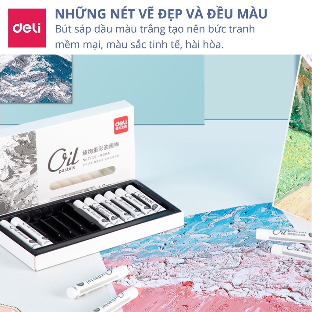 Bút sáp dầu màu trắng oil pastel Deli mềm mại vẽ tranh tô màu trang trí sổ tay blend màu chuyên nghiệp họa cụ DIY 72130