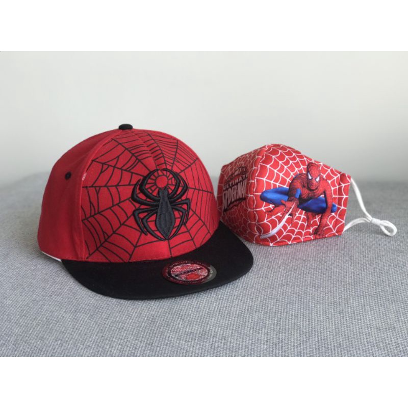Set Nón hiphop và khẩu trang người nhện màu đỏ cho bé trai từ 2 đến 6 tuổi
