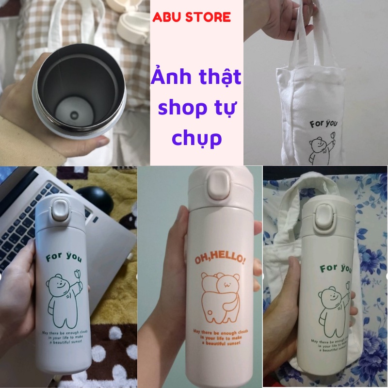 Bình nước giữ nhiệt INOX 304 không gỉ dung tích 450ml và Túi đựng bình giữ nhiệt IN hình chú gấu Ohaya dễ thương