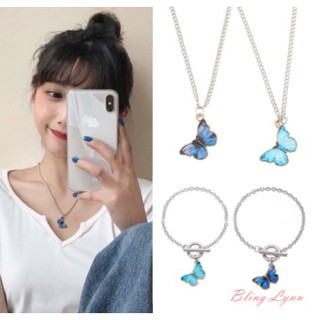 Wishbone Chain Butterfly Necklace Blue Blue Korean Style Bracelet for Women