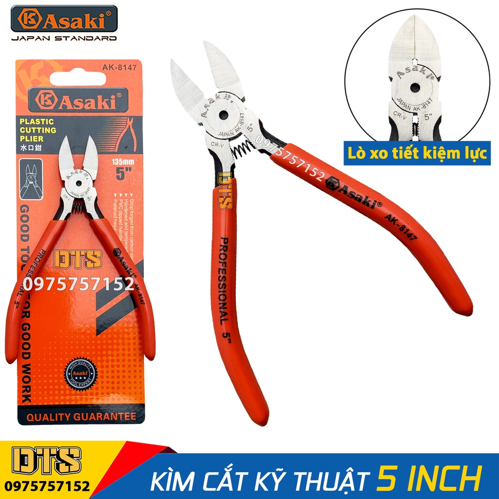 Kìm cắt kỹ thuật 5 inch Asaki JAPAN AK-8147 135mm, kềm cắt dây điện, kìm cắt nhựa bavia, lưỡi cắt nhọn vát mỏng, sắc bén