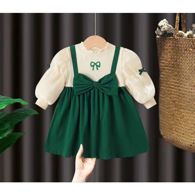 Set Áo Tay Bồng Kèm Váy Nhung Nơ Xinh Bé Gái Chất đẹp