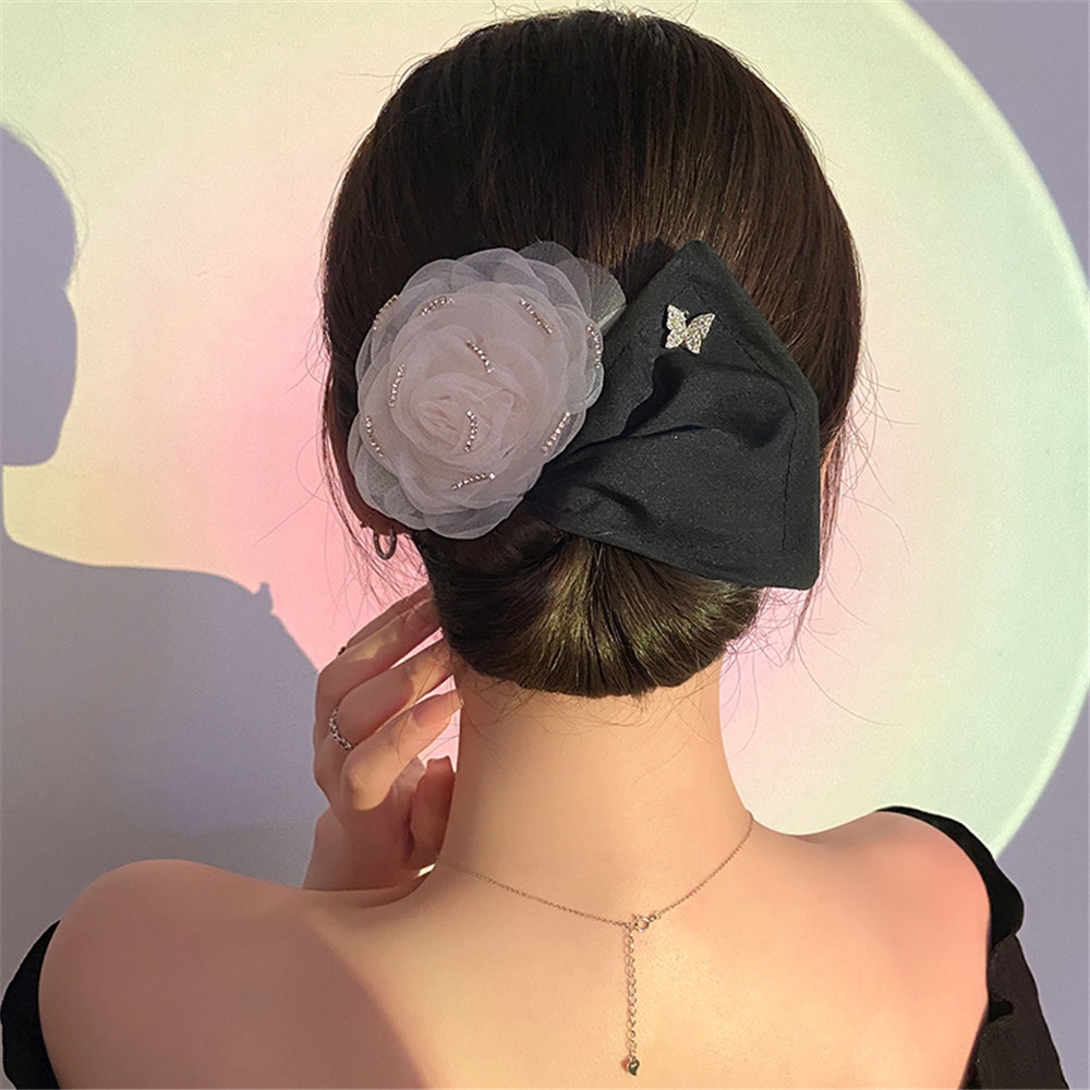 Băng Đô Cài Tóc Đính Hoa Trà Đen Trắng Thời Trang Cho Nữ
