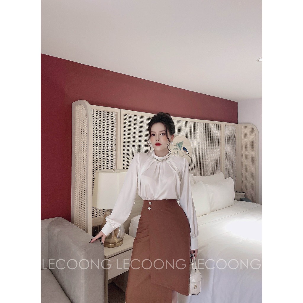Chân váy bút chì nâu bất đối xứng_Le'Coong CV17 | BigBuy360 - bigbuy360.vn