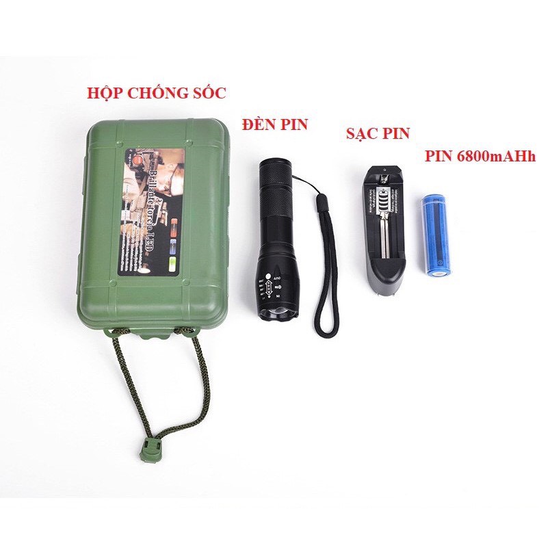 Đèn Pin Siêu Sáng  UltraFire Led Cree XML T6 Cao Cấp Hợp Kim Chống Nước Pin Có Thể Sạc Lại Full box