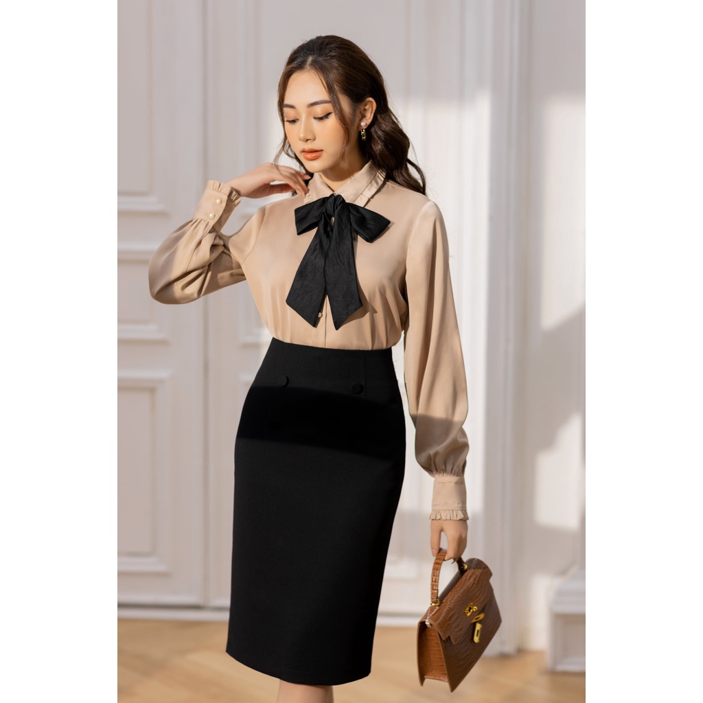 Chân váy bút chì cạp liền đính khuy bọc TIINSTORE CHD060
