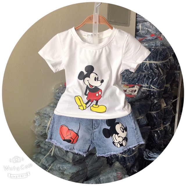 Set bộ quần áo cotton quần bò mickey cho bé gái