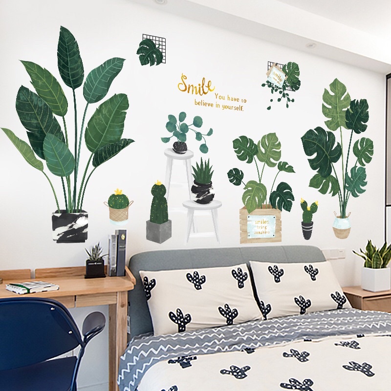 Decal dán tường chậu cây xanh cỡ lớn, sẵn keo dán