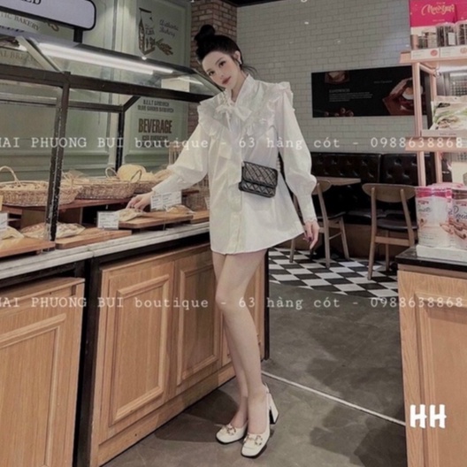 Áo sơ mi cổ thắt nơ tay phồng dáng rộng, Áo kiểu thiết kế viền bèo SM8088- NhiNhi Shop