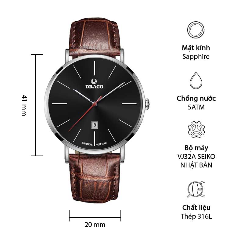 Đồng Hồ Nam Phong Cách DRACO D21-ST02 “Classic Boy” ĐEN DÂY DA NÂU