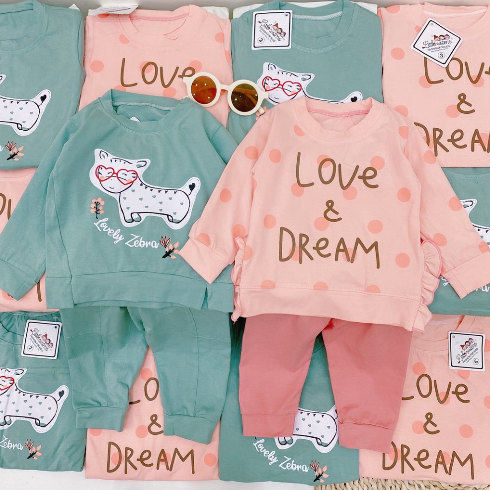 Bộ Quần Áo Dài Tay Mùa Thu Vải Cotton Cho Bé In Hình Love Dream Siêu Dễ Thương Cho Bé Từ 6-18kg Mã DT12