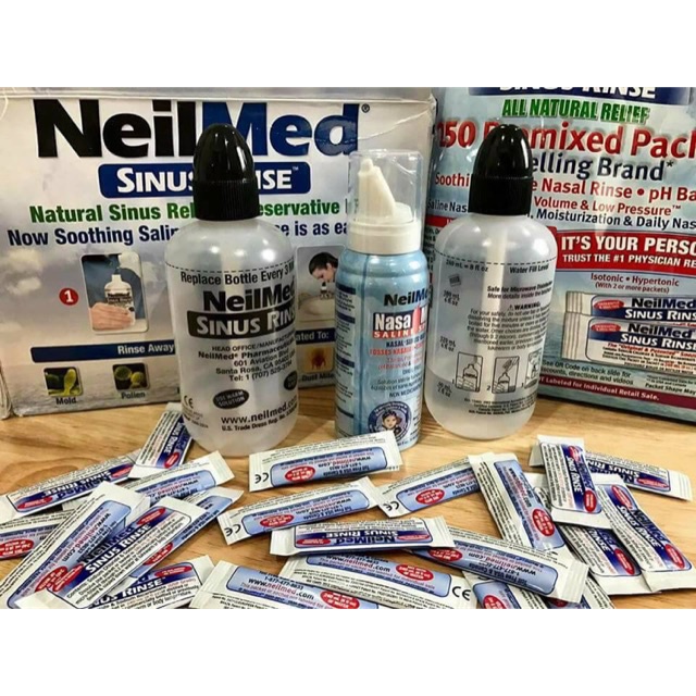 Nước Rửa Mũi NeilMed Sinus Rinse - 1 xịt, 2 Bình &amp; 250 gói muối_ Hàng mỹ date 1.24