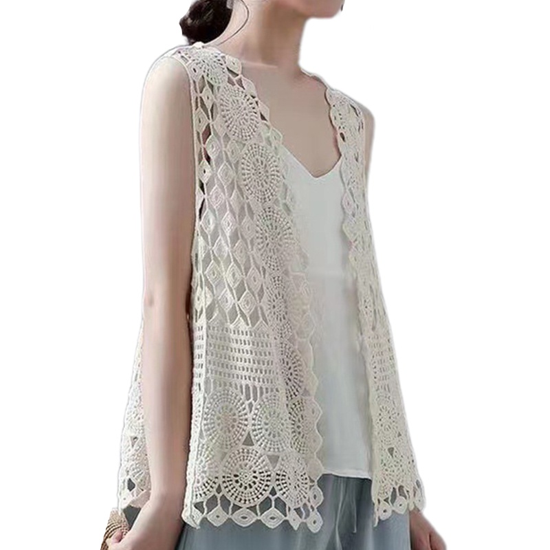 Brroa Áo Khoác Cardigan Không Tay Hở Trước Họa Tiết Hình Học Phối Ren Đính Kim Cương Phong Cách Bohemia Cho Nữ