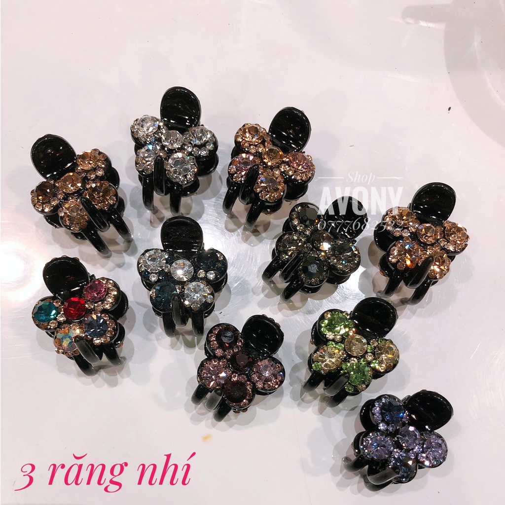 Kẹp tóc càng cua 3 răng đính đá màu cao cấp hình hoa - kẹp nửa tóc hair clip mini