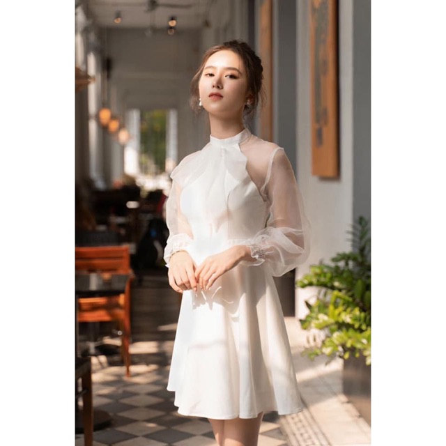 Đầm trắng tay voan phối nơ cao cấp | BigBuy360 - bigbuy360.vn