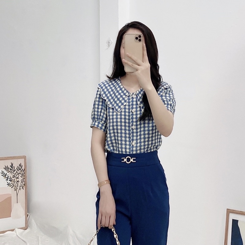 Áo sơ mi cổ viền lượn sóng charm official họa tiết kẻ trang nhã thanh lịch mặc đi làm đi chơi A52