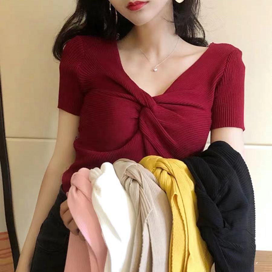 Áo Thun Dệt Kim Ngắn Tay Cổ Chữ V Thắt Nút Thời Trang Cho Nữ