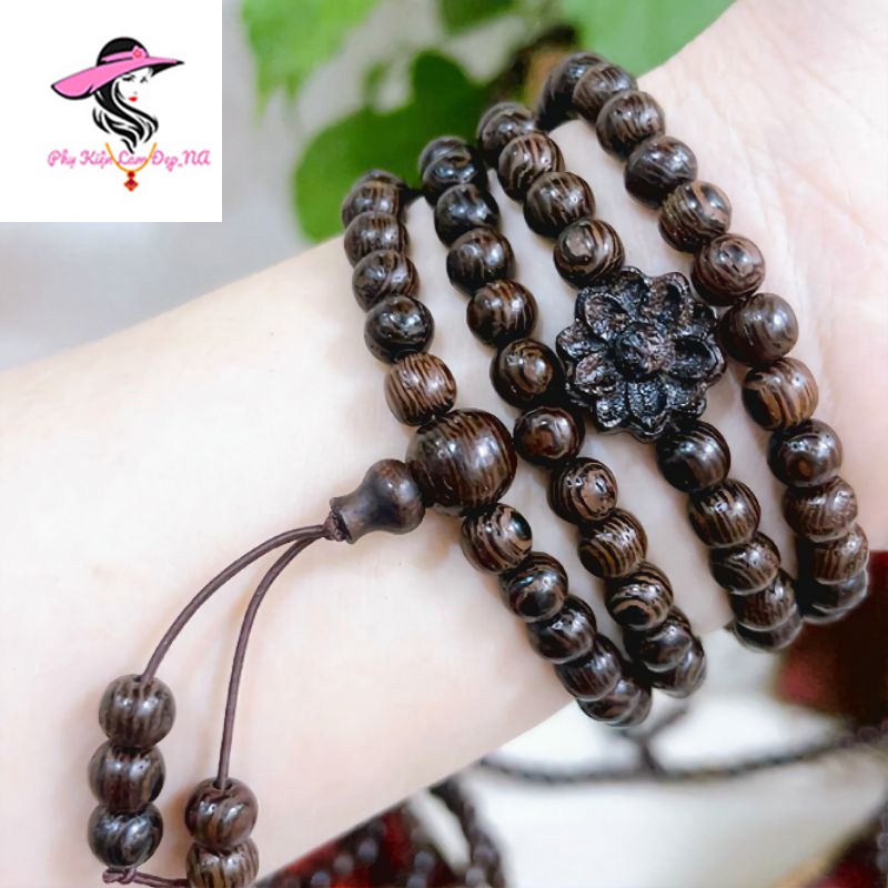 Vòng Tay Trầm Hương, Chuỗi Vòng 108 Hạt Trầm Mix Bông Sen Tặng Kèm Hộp Đựng Và Dây Chỉ Đỏ May Mắn