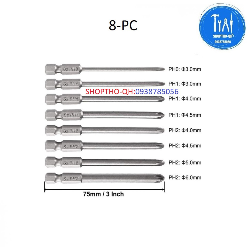 Bộ 8 Đầu Tua Vít chữ thập chân Lục Giác dài 75mm có Nam Châm.