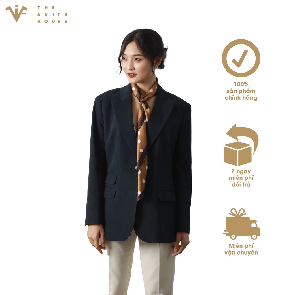 Bộ vest nữ xanh đen đậm phối trắng kem 2 khuy 3 túi, suits sartorial chất cashmere The Suits House